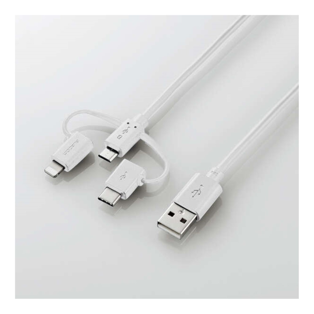 スマートフォン用USBケーブル/3in1/microUSB+Type-C+Lightning/1.2m/ホワイト | 123market