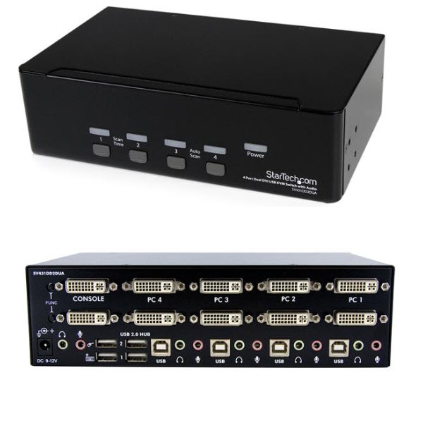 4ポート デュアルDVIモニター対応USB接続KVMスイッチ/PCパソコンCPU切替器  オーディオ対応(3.5mmミニジャック使用) 2x USB2.0ハブ搭載 解像度2048x1536(アナログ)/1920x1200(デジタル)  123market